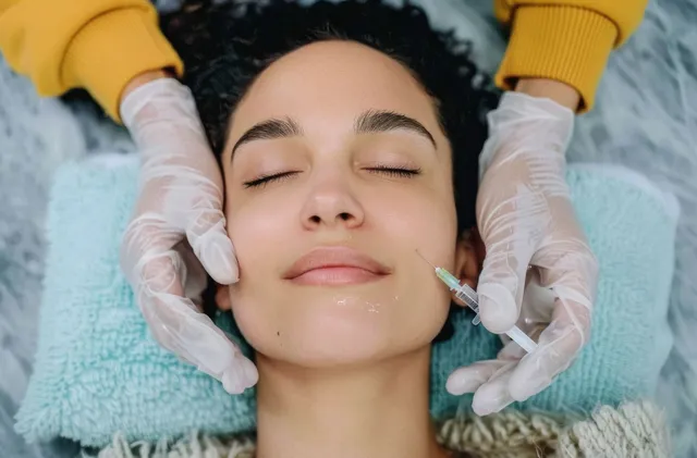 A woman is getting a botox injection in her face.
